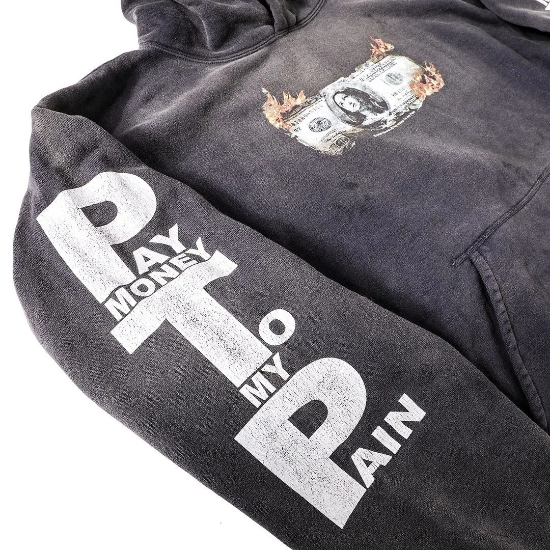 SAINT Mxxxxxx × PAY MONEY TO MY PAIN PTP_HOODIE/BRAND MONEY/BLK Co-branded PTP Virgin Mary dollar hoodie Washed black S-XL Assute dyeing The whole piece is sprayed with horse fade Mold customization joint main mark/washed mark Factory four-needle and six-thread workmanship No bone seams More comfortable to wear Repeated modification of proofing Authentic grade crack printing VINTAGE value is full